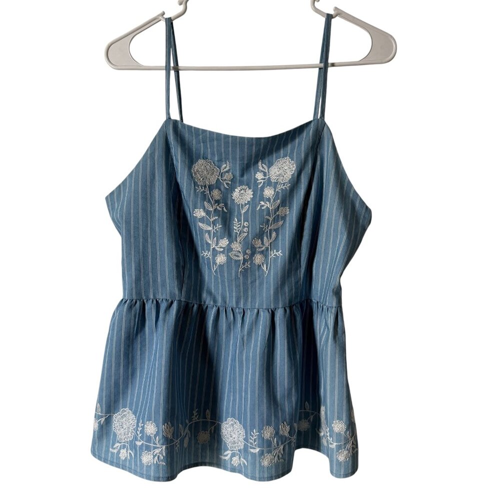 Harper Heritage Blue Cotton Embroidered Baby Doll Tank Size M
